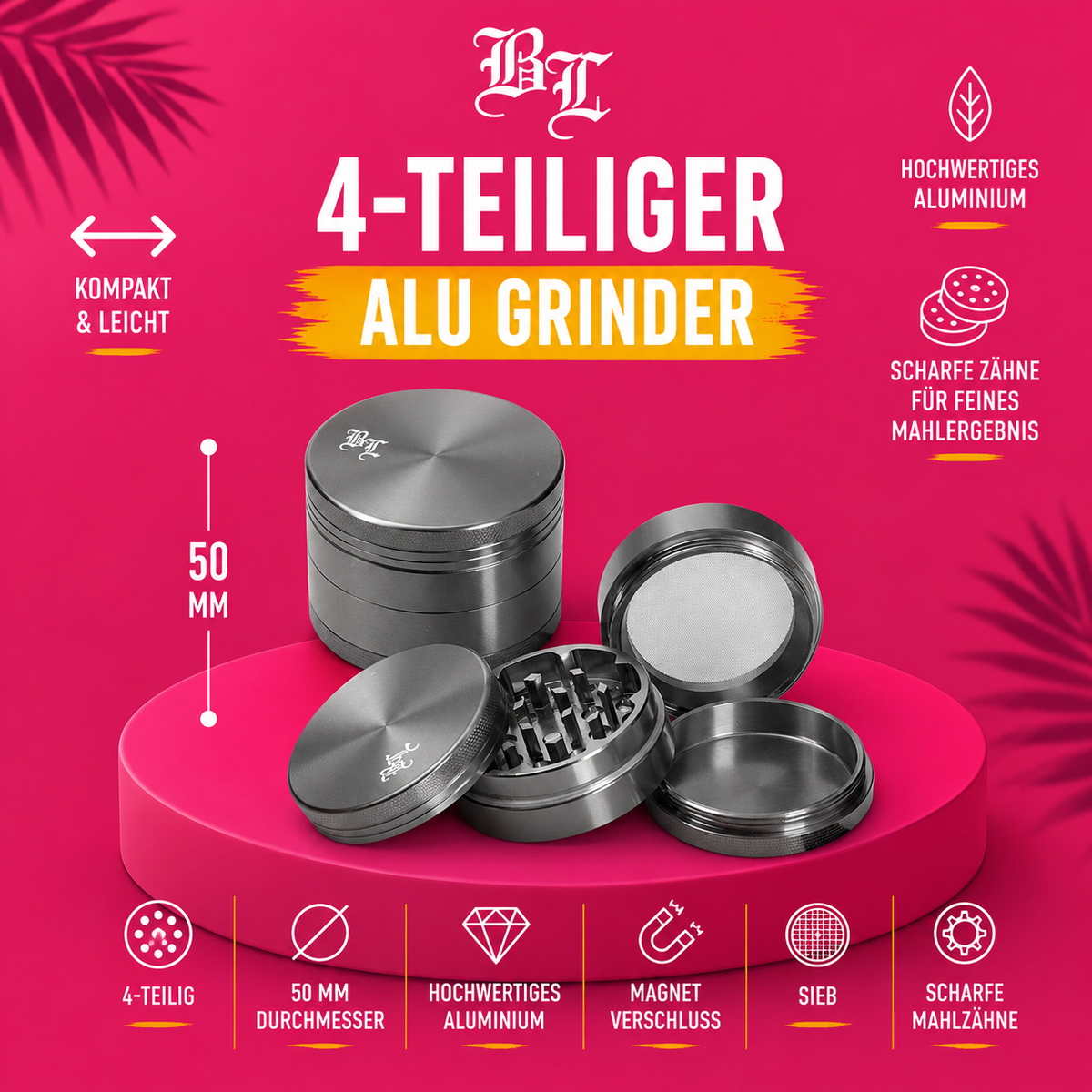 Black Leaf® Aluminium Grinder 4-teilig – 50 mm