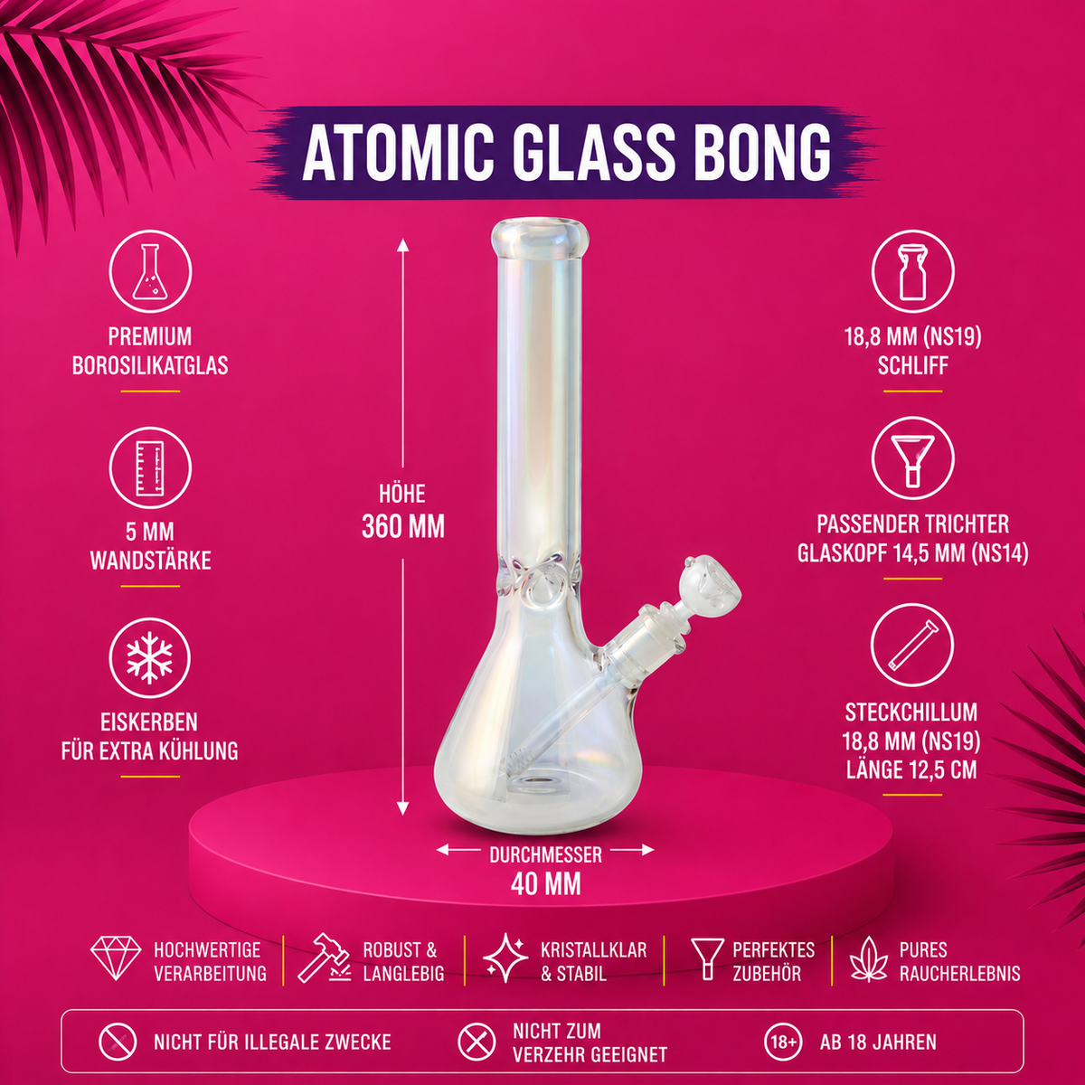 Atomic Glasbong ⌀ 40 mm | Höhe 36 cm | 18,8 mm Schliff