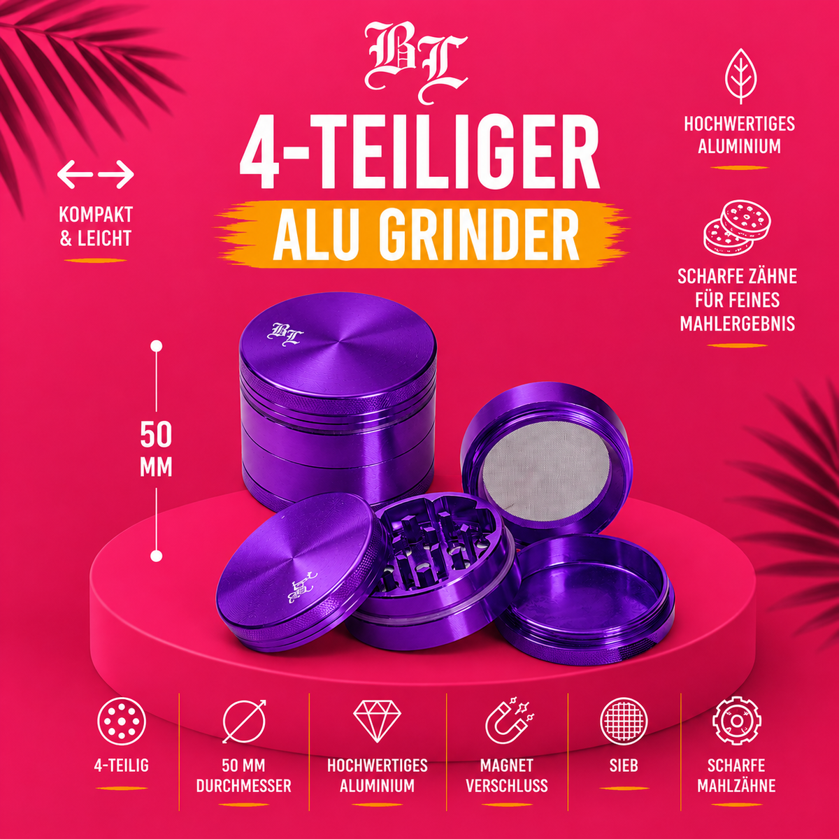 Black Leaf® Aluminium Grinder 4-teilig – 50 mm