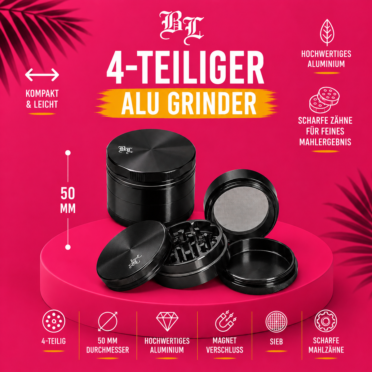 Black Leaf® Aluminium Grinder 4-teilig – 50 mm